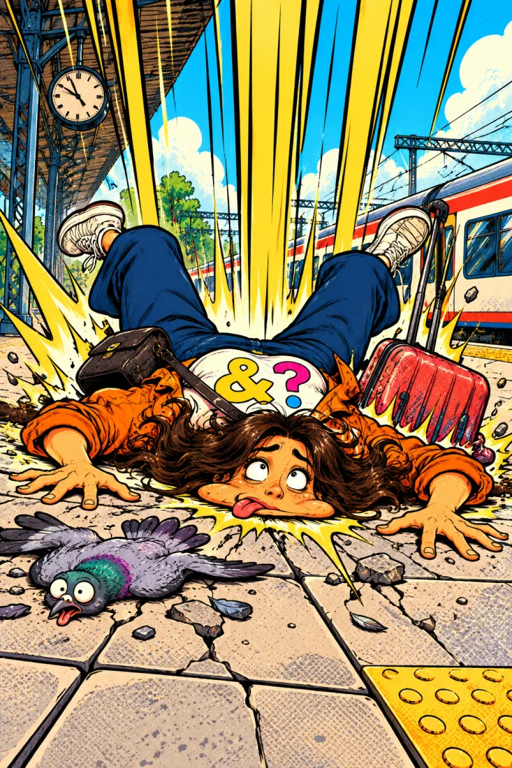 Comic panel: the Host flattened on a train platform under double gravity